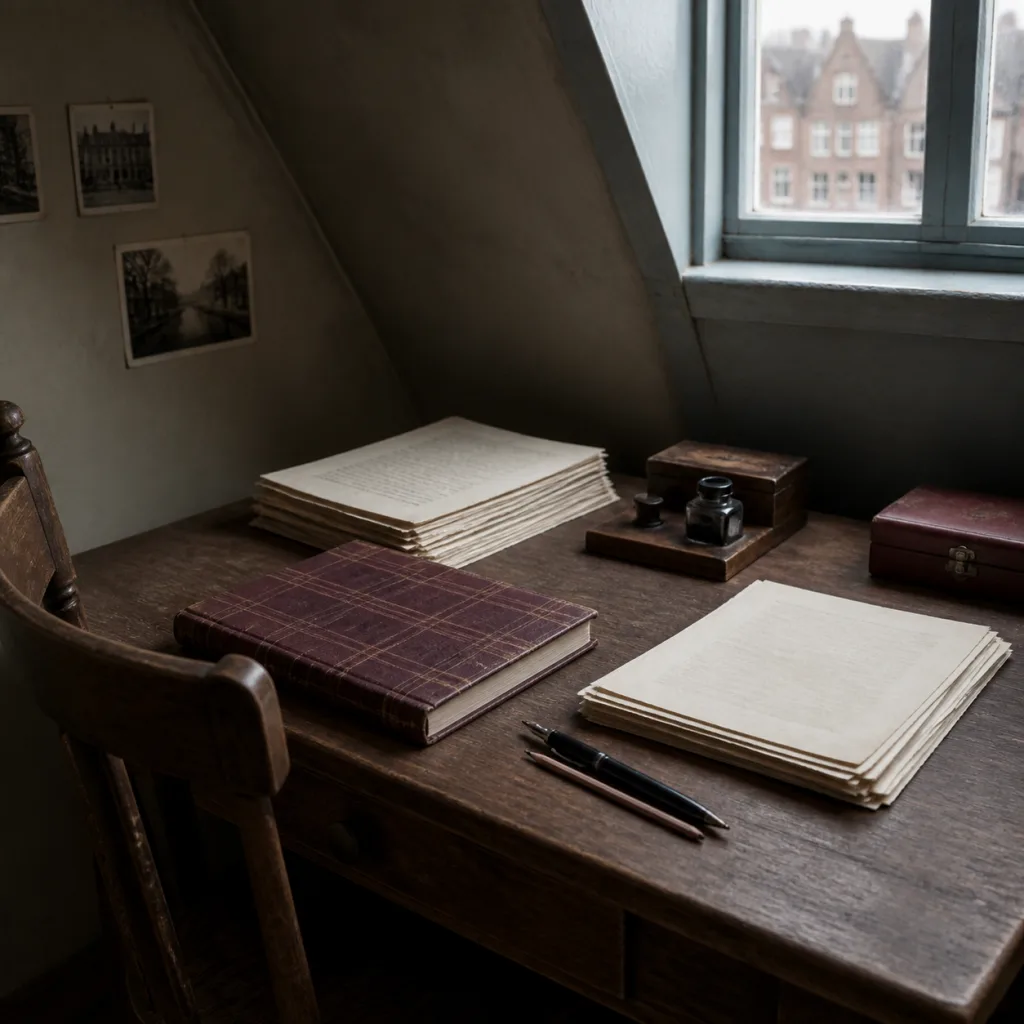 A restrained 1940s attic writing desk with a burgundy diary and two careful stacks of rewritten pages
