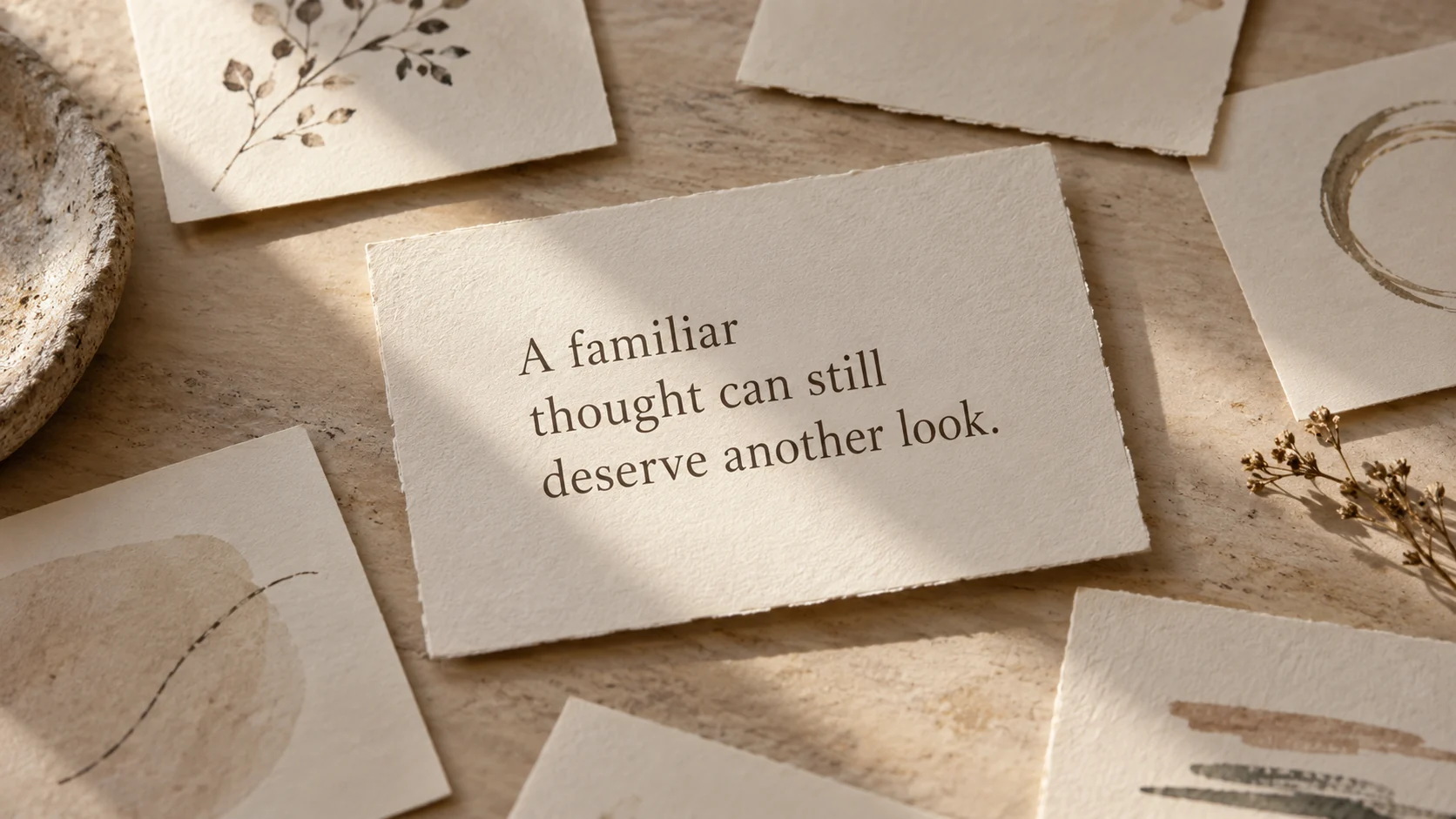 A paper card reading “A familiar thought can still deserve another look.” among other ivory cards.