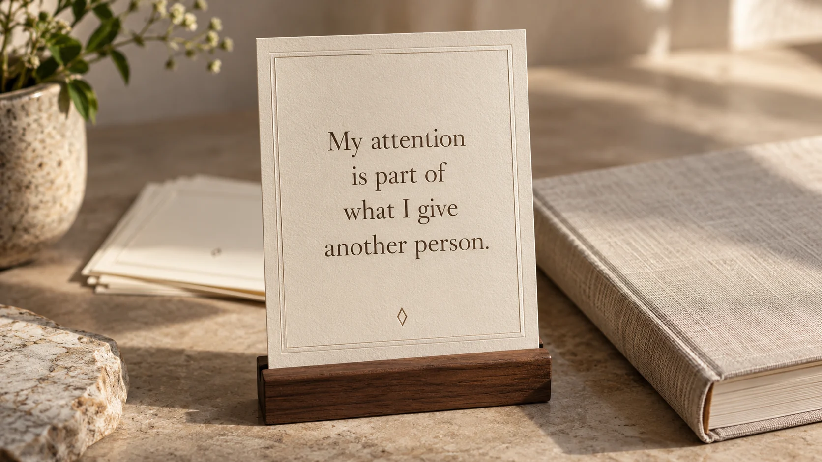 A bordered card reading “My attention is part of what I give another person.” beside a linen journal.