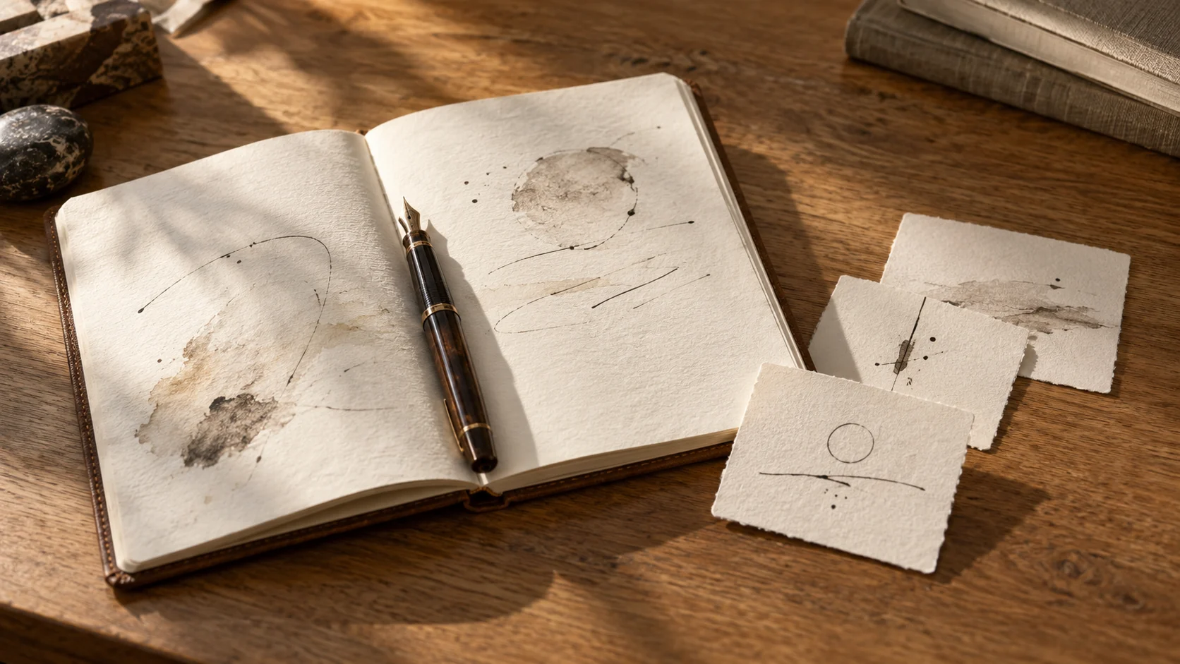 An open journal, fountain pen, and three small paper cards in warm window light.