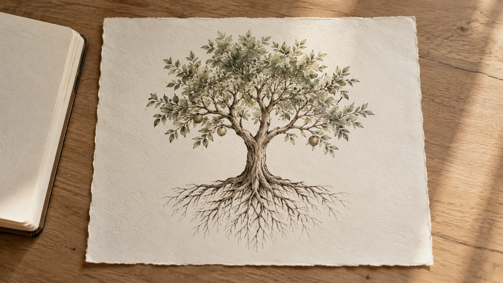 A sepia and sage drawing of a fruit tree with visible roots, resting beside an open notebook.