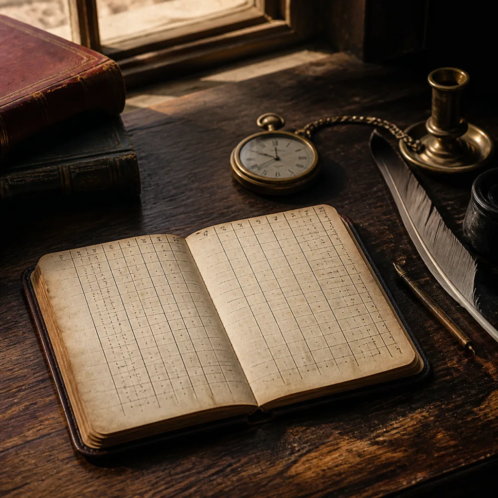 An eighteenth-century desk with Benjamin Franklin-inspired virtue tracking pages, a quill, and a pocket watch