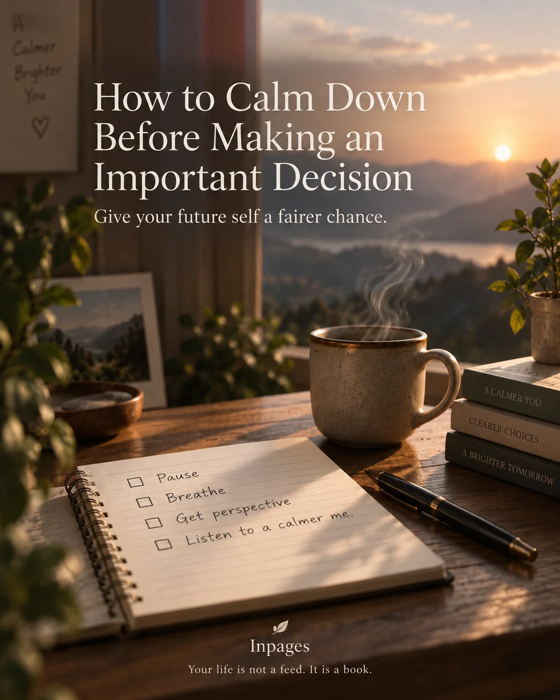 A journal checklist beside a cup of tea for a calmer decision