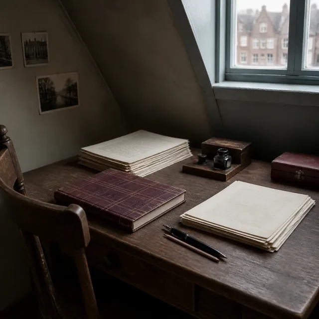 A restrained 1940s attic writing desk with a burgundy diary and two careful stacks of rewritten pages