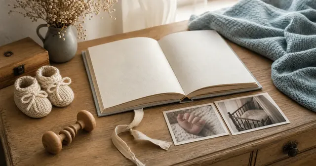 A baby first-year journal with knitted booties, a wooden rattle, and gentle family photographs