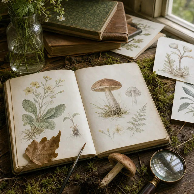 An English country desk with a nature journal of botanical sketches, a mushroom specimen, magnifying glass, and soft daylight