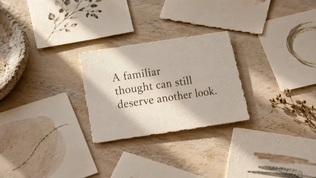 A paper card reading “A familiar thought can still deserve another look.” among other ivory cards.