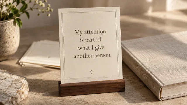 A bordered card reading “My attention is part of what I give another person.” beside a linen journal.