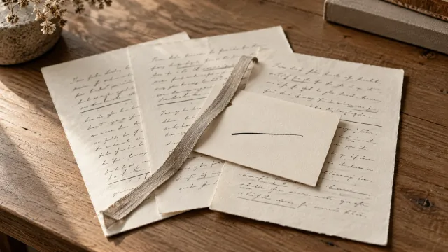 Three pages of illustrative journal writing gathered with a linen bookmark beneath a small card.