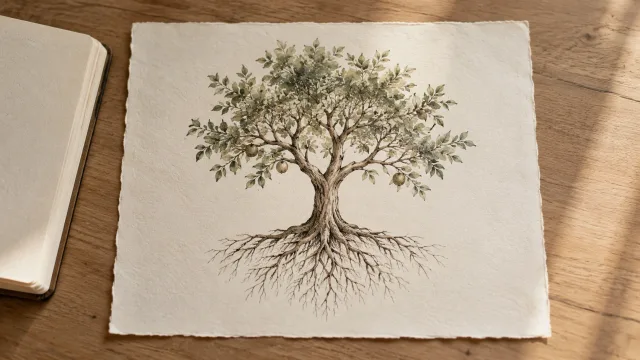 A sepia and sage drawing of a fruit tree with visible roots, resting beside an open notebook.