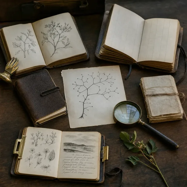 A naturalist’s desk with field notebooks, botanical specimens, a magnifying glass, and an original branching sketch