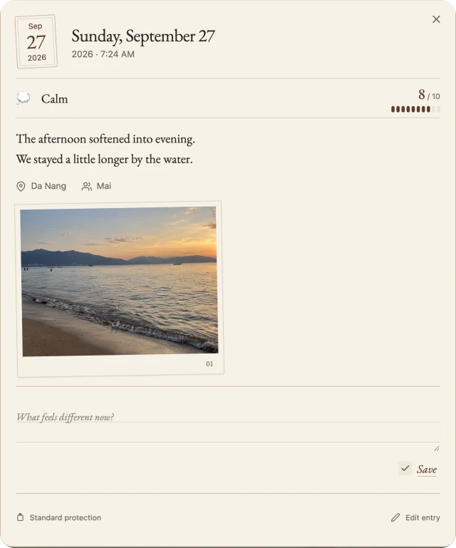 The Inpages diary reader showing a saved Daily Check-in with mood, note, and a waterfront photo
