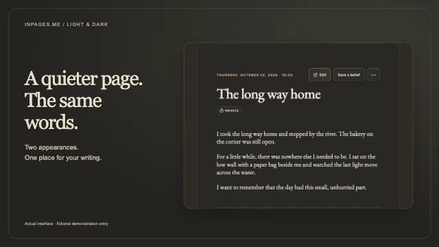 The actual Inpages.me journal reader in Dark, showing a fictional entry called The long way home.