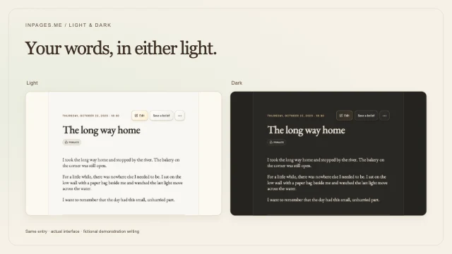 The same fictional journal entry in the actual Inpages.me reader, shown side by side in Light and Dark.