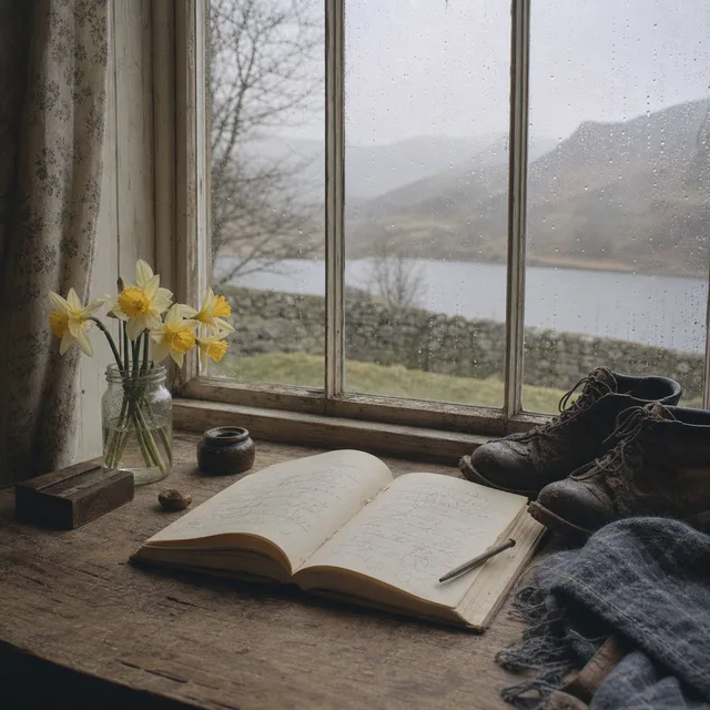 A Lake District cottage desk by a misty window with an open journal, daffodils, walking boots, and soft grey light