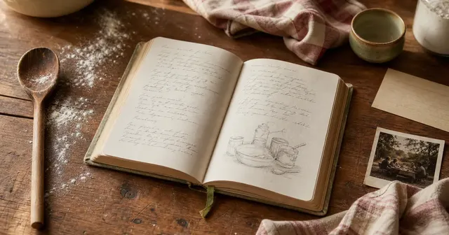 An open family recipe journal beside a wooden spoon, flour, and a photograph of relatives cooking together