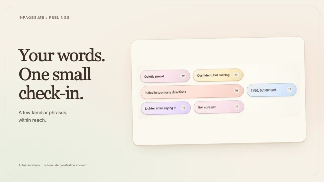Actual Feelings buttons with fictional phrases, framed beside the words Your words. One small check-in.