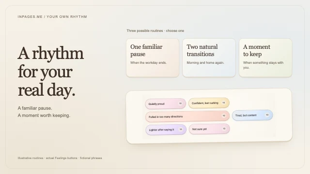 Three illustrative check-in routines above actual Feelings buttons with fictional phrases.