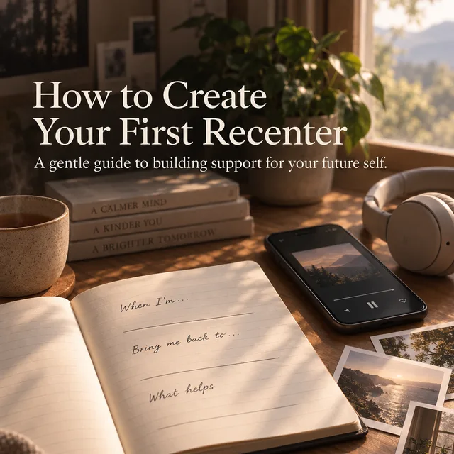 A journal prompt, headphones, and photos ready for a first Recenter