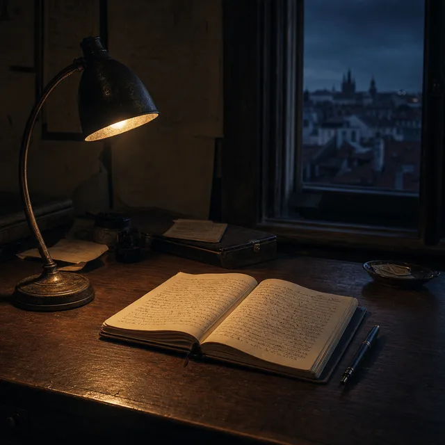 A sparse Prague writing desk at night with an open journal, single lamp, narrow window, and cool shadowed light