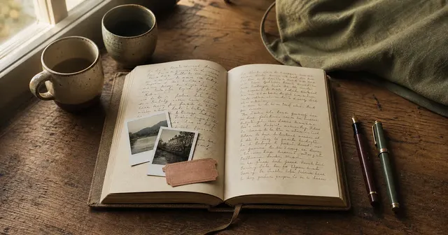 An open friendship journal beside two cups, two pens, and printed photographs on a warm wooden table