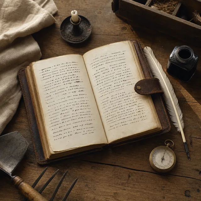 An eighteenth-century ledger-style diary on a wooden desk with a quill, weather notes, and modest farming tools