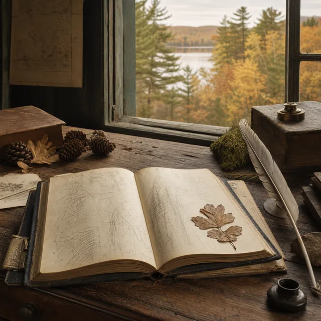 A New England writing desk with an open nature journal, pressed leaves, pine cones, a quill, and soft autumn light