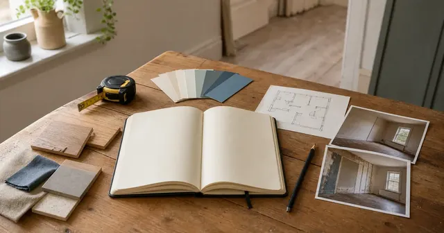 An open home renovation journal with a tape measure, material samples, floor plan, and before-and-during photographs