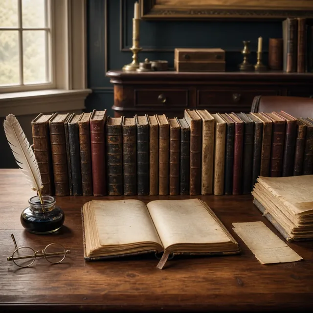 A long row of worn early American diary volumes surrounding an open journal on a statesman’s desk