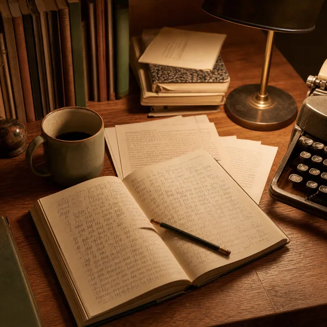 A nineteen-fifties manuscript desk with a project journal, typed pages, tally marks, coffee cup, and warm desk lamp