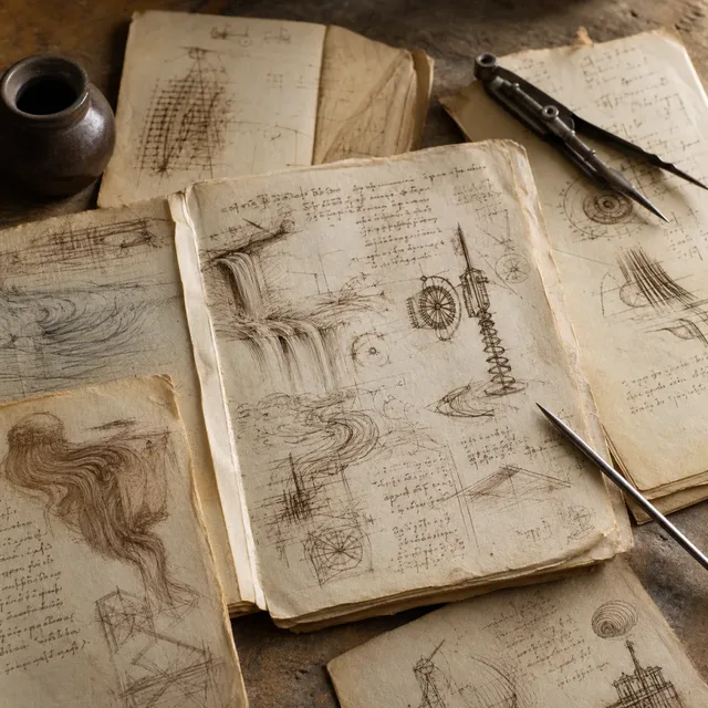 Renaissance notebook pages filled with original sketches of water, gears, plants, and observations