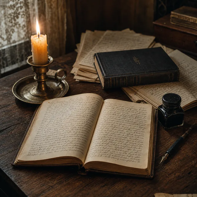 A nineteenth-century writer’s desk with an open journal, candle, inkwell, stacked pages, and warm lamplight