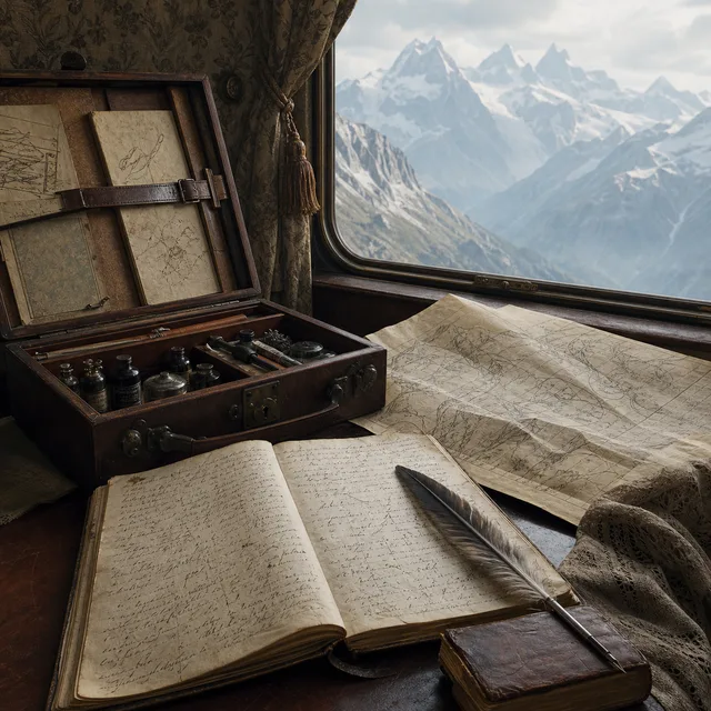 An early nineteenth-century travel writing case with an open journal, folded map, quill, and Alpine light