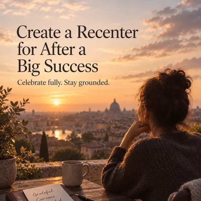 A person reflecting after success with a grateful, curious, grounded note