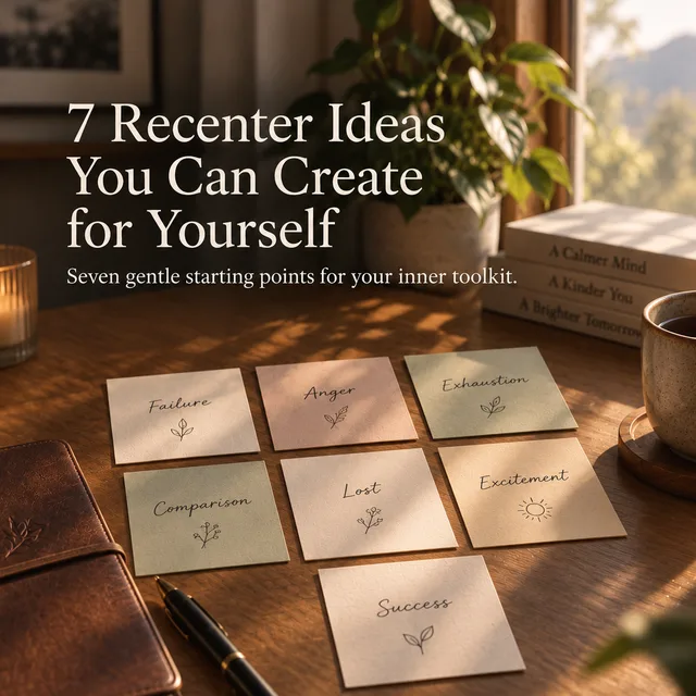 Seven notes for different Recenter ideas laid out on a desk