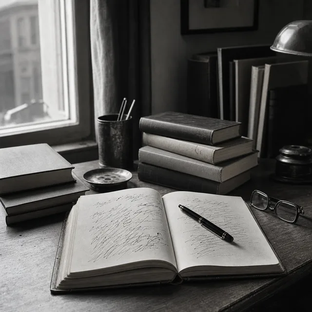 A nineteen-sixties intellectual desk with stacked books, an open notebook, fountain pen, and monochrome cinematic light