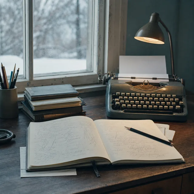 A mid-century writer’s desk with an open journal, nearby typewriter, stacked books, and cool winter window light