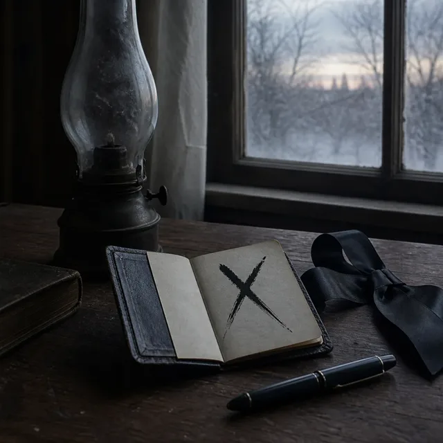 A dark pocket diary marked with a single black cross beside an extinguished lamp and mourning ribbon