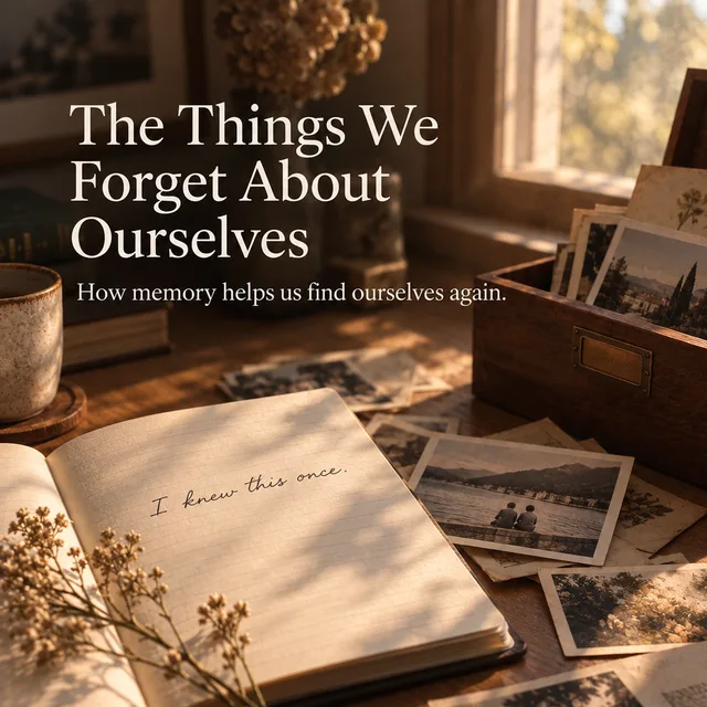 An open journal beside a box of old photographs and memories
