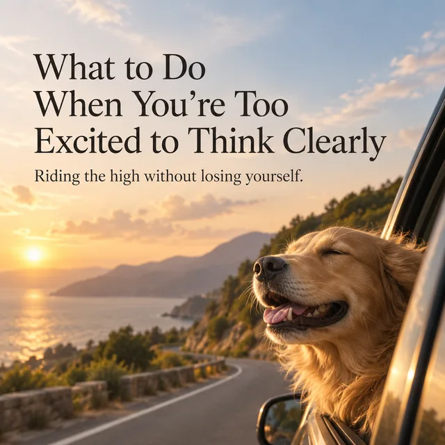 A happy dog leaning out of a car on a coastal road at sunset