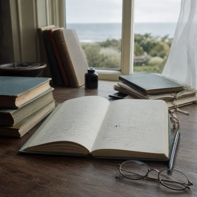 An early twentieth-century reading desk with an open notebook, stacked books, spectacles, and a coastal window