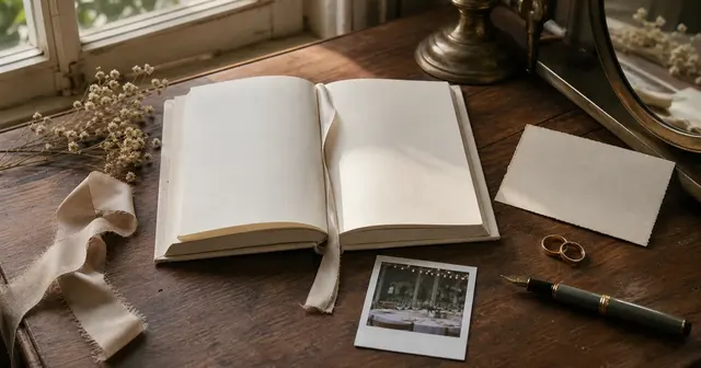 An ivory wedding journal with rings, silk ribbon, dried flowers, and a softly lit reception photograph