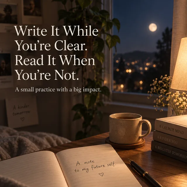 An open journal with a note to a future self on a quiet evening