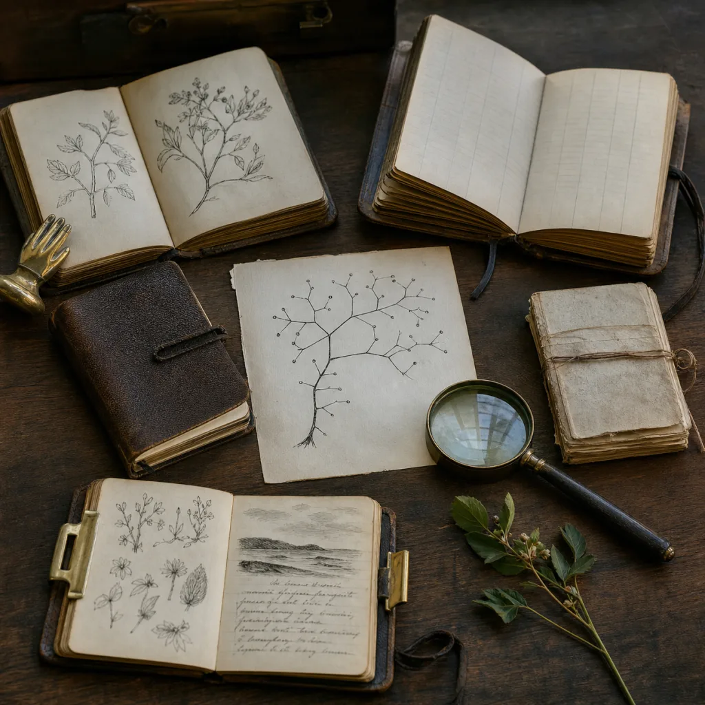 A naturalist’s desk with field notebooks, botanical specimens, a magnifying glass, and an original branching sketch