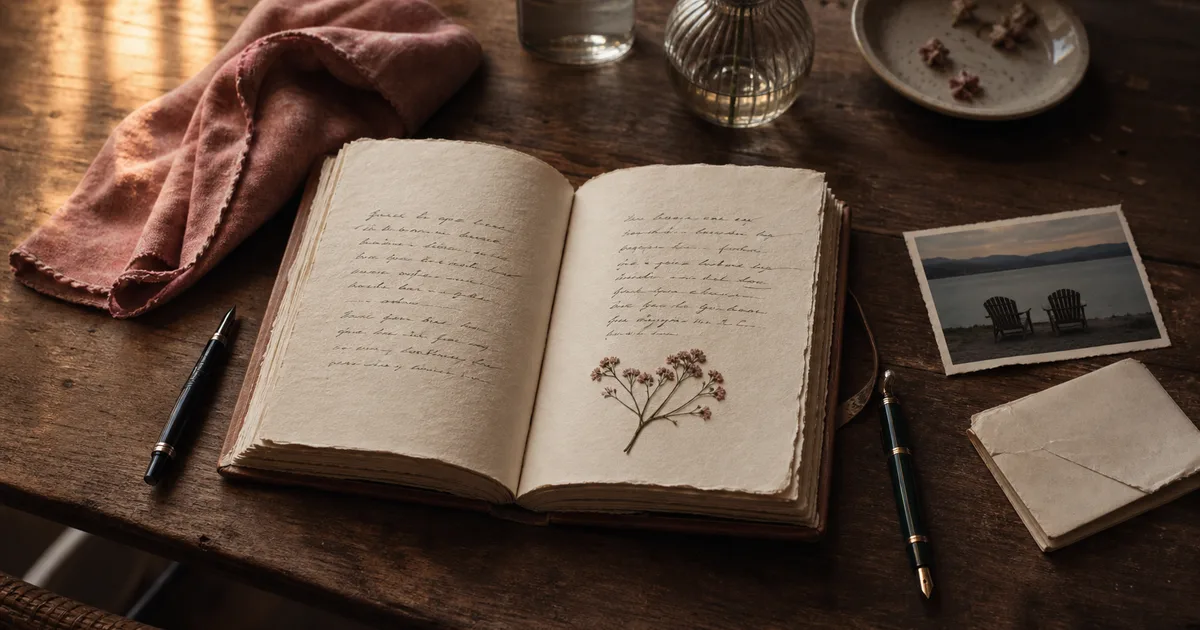 A blank couple memory journal with two pens, a pressed flower, and a photograph of two empty chairs at sunset