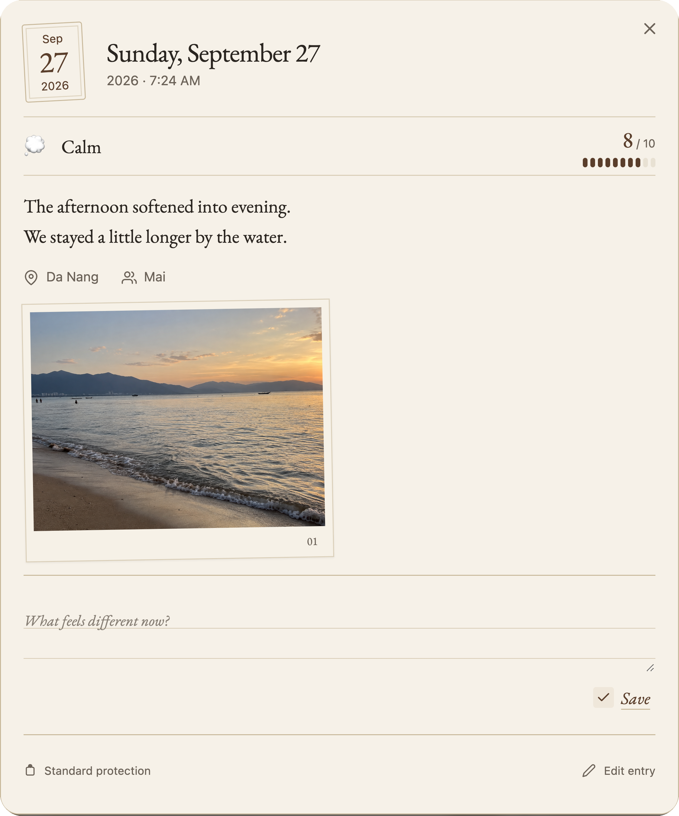 The Inpages diary reader showing a saved Daily Check-in with mood, note, and a waterfront photo