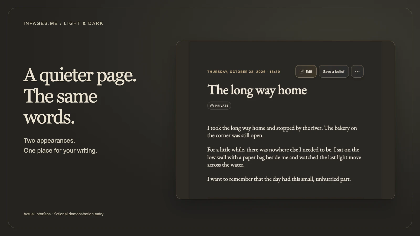 The actual Inpages.me journal reader in Dark, showing a fictional entry called The long way home.