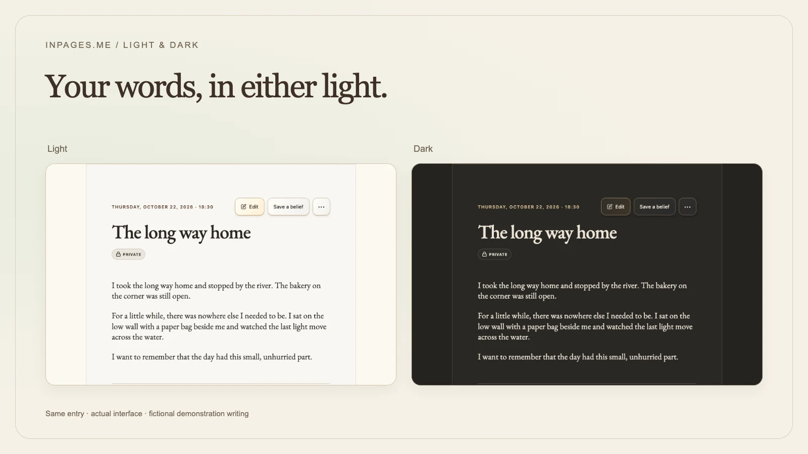 The same fictional journal entry in the actual Inpages.me reader, shown side by side in Light and Dark.