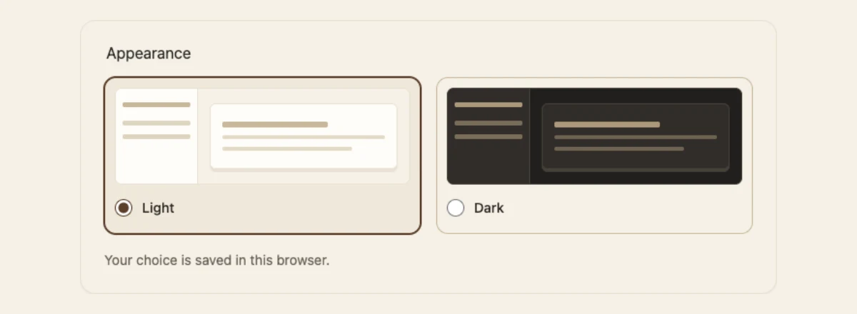 The actual Appearance setting in Inpages.me, with Light and Dark choices and the browser preference note