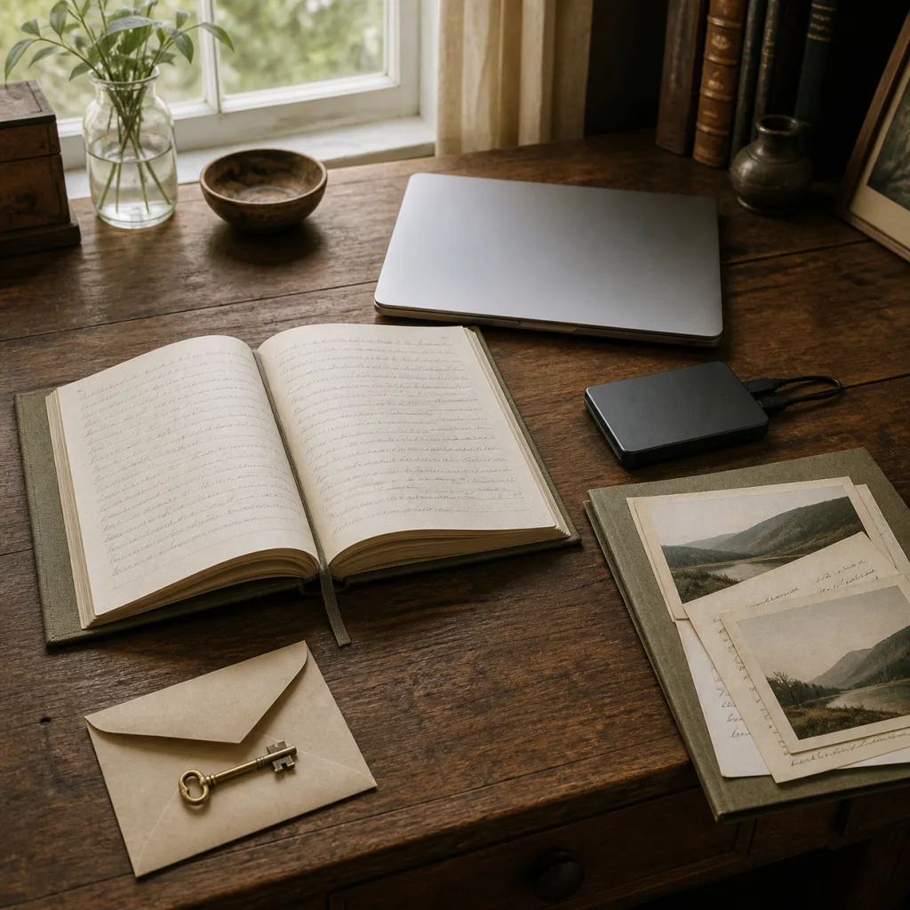 An open journal beside a laptop, portable drive, photographs, and a brass key kept on a separate envelope